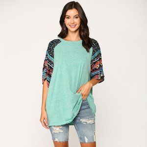 GIGIO/UMGEE Seagreen Knit Top With Mixed Print Sleeves
